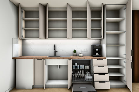 L-Küche Sorento Weiß & Beige – 330 × 210 cm – mit Hochschrank und Geschirrspülerfront – K51-G330 – Wand A geöffnet, frontal