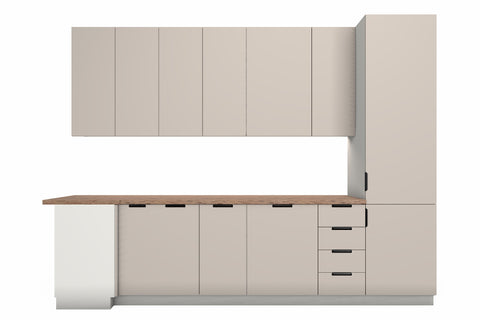 L-Küche Sorento Weiß & Beige – 330 × 210 cm – mit Hochschrank und Geschirrspülerfront – K51-G330 – Wand A freigestellt auf Weiß