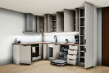 L-Küche Sorento Weiß & Beige – 330 × 210 cm – mit Hochschrank und Geschirrspülerfront – K51-G330 – geöffnet, über Eck von rechts