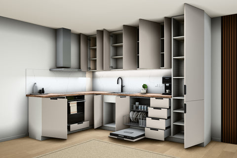 L-Küche Sorento Weiß & Beige – 330 × 210 cm – mit Hochschrank und Geschirrspülerfront – K51-G330 – geöffnet, über Eck von rechts