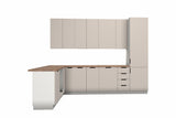 L-Küche Sorento Weiß & Beige – 330 × 210 cm – mit Hochschrank und Geschirrspülerfront – K51-G330 – freigestellt, über Eck von links