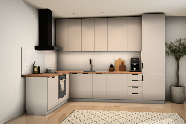 L-Küche Sorento Weiß & Beige – 330 × 210 cm – mit Hochschrank und Geschirrspülerfront – K51-G330