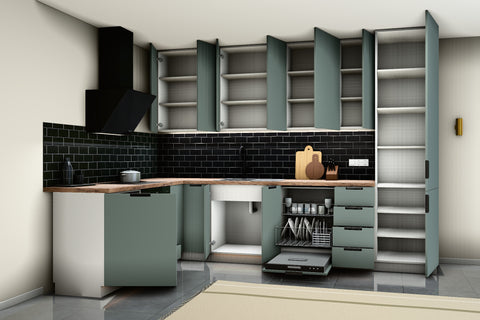 L-Küche Sorento Weiß & Grün – 330 × 210 cm – K52-G330 – Türen, Klappen und Auszüge geöffnet