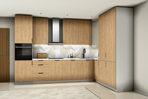 L-Küche Sorento Weiß & Sonoma Eiche – 360 × 220 cm – mit Backofen-Hochschrank – K41-G360 – Raumansicht frontal