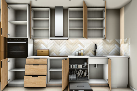 L-Küche Sorento Weiß & Sonoma Eiche – 360 × 220 cm – mit Backofen-Hochschrank – K41-G360 – Wand A geöffnet, frontal