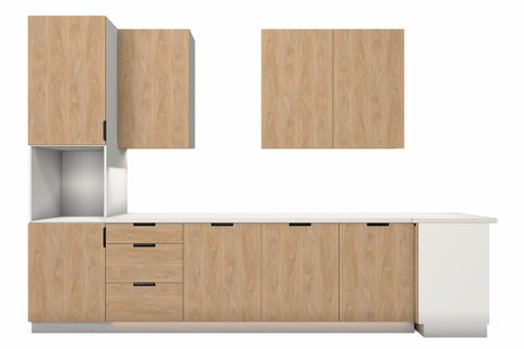L-Küche Sorento Weiß & Sonoma Eiche – 360 × 220 cm – mit Backofen-Hochschrank – K41-G360 – Wand A freigestellt auf Weiß