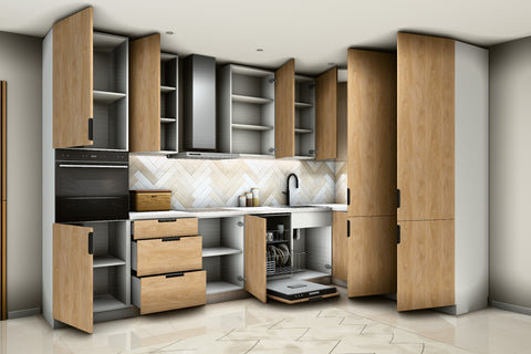 L-Küche Sorento Weiß & Sonoma Eiche – 360 × 220 cm – mit Backofen-Hochschrank – K41-G360 – geöffnet, über Eck von rechts