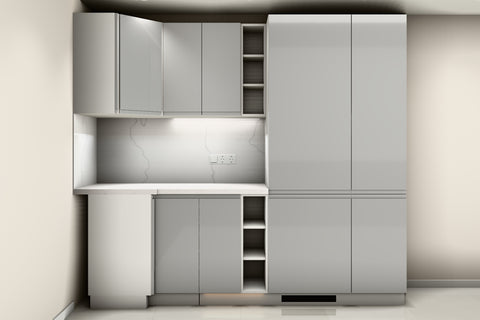 L-Küche Velmora Grau Hochglanz – 270 × 240 cm – K94-G270 – Wand A frontal