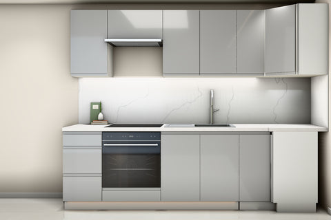 L-Küche Velmora Grau Hochglanz – 270 × 240 cm – K94-G270 – Wand B frontal