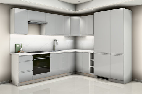 L-Küche Velmora Grau Hochglanz – 270 × 240 cm – K94-G270 – Raumansicht über Eck von rechts