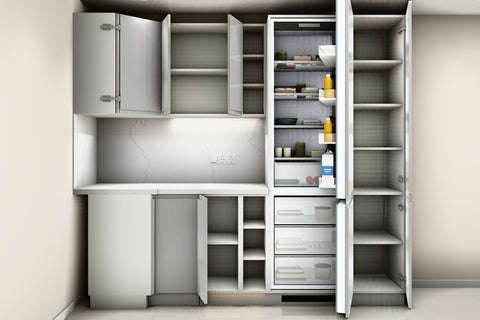 L-Küche Velmora Grau Hochglanz – 270 × 240 cm – K94-G270 – Wand A geöffnet, frontal