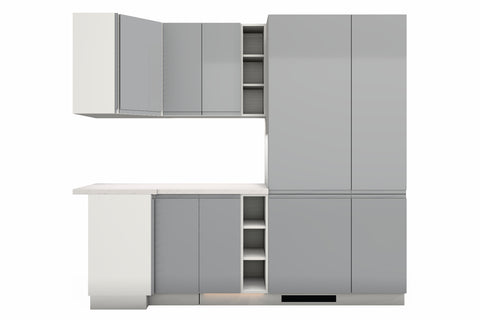 L-Küche Velmora Grau Hochglanz – 270 × 240 cm – K94-G270 – Wand A freigestellt auf Weiß