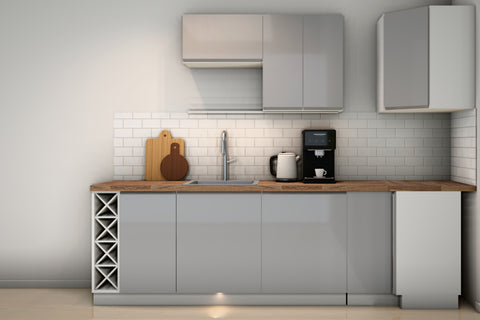 L-Küche Velmora Grau Hochglanz – 270 × 250 cm – K67-G250 – Wand B frontal