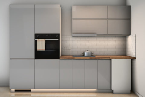 L-Küche Velmora Grau Hochglanz – 300 × 240 cm – K31-G300 L – Wand A frontal