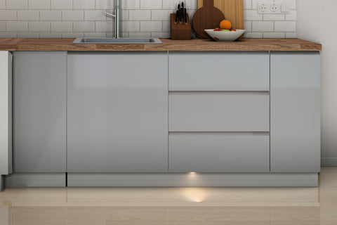 L-Küche Velmora Grau Hochglanz – 300 × 240 cm – K31-G300 L – Wand B frontal
