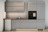 L-Küche Velmora Grau Hochglanz – 300 × 240 cm – K31-G300 R – Wand A frontal