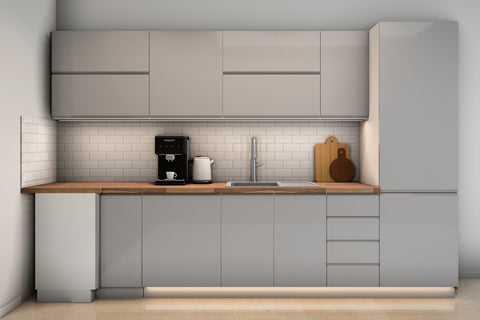 L-Küche Velmora Grau Hochglanz – 330 × 210 cm – K54-G330 R – Wand A frontal