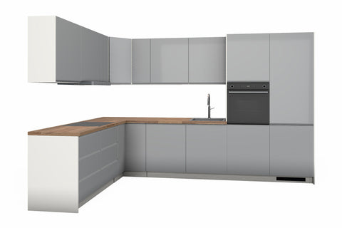 L-Küche Velmora Grau Hochglanz & Weiß – 330 × 210 cm – KÜ-ASPE-013 – freigestellt auf Weiß