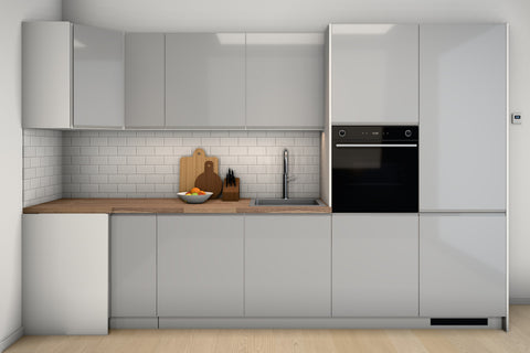 L-Küche Velmora Grau Hochglanz & Weiß – 330 × 210 cm – KÜ-ASPE-013 – Wand A frontal