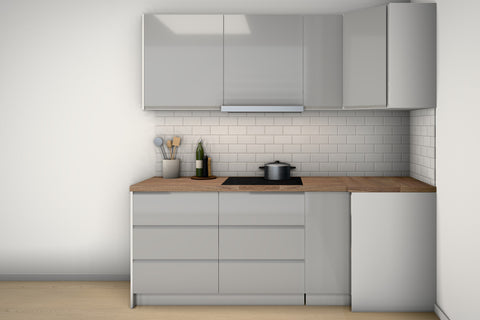 L-Küche Velmora Grau Hochglanz & Weiß – 330 × 210 cm – KÜ-ASPE-013 – Wand B frontal