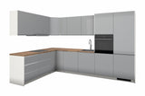 L-Küche Velmora Grau Hochglanz & Weiß – 330 × 210 cm – KÜ-ASPE-013 – freigestellt, über Eck von rechts