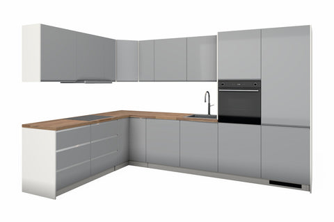 L-Küche Velmora Grau Hochglanz & Weiß – 330 × 210 cm – KÜ-ASPE-013 – freigestellt, über Eck von rechts