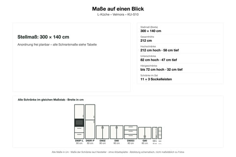 Maße L-Küche Velmora KU-S10: Stellmaß 300 × 140 cm