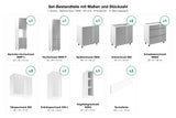 Set-Bestandteile L-Küche Velmora KU-S10: 11 Schränke + 3 Sockelleisten mit Maßen – Farbe Grau / Weiß