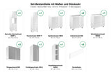 Set-Bestandteile L-Küche Velmora KU-S10: 11 Schränke + 3 Sockelleisten mit Maßen – Farbe Weiß / Grau