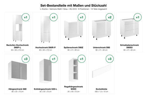 Set-Bestandteile L-Küche Velmora KU-S10: 11 Schränke + 3 Sockelleisten mit Maßen – Farbe Weiß / Grau