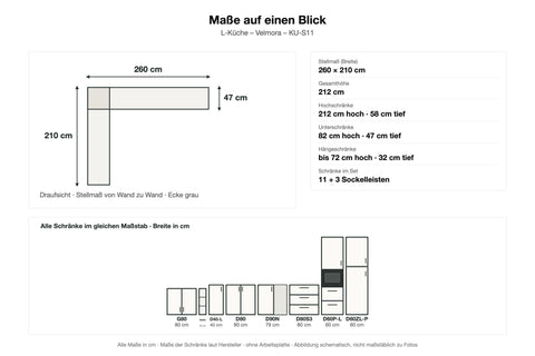 Maße L-Küche Velmora KU-S11: Stellmaß 260 × 210 cm