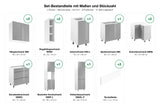 Set-Bestandteile L-Küche Velmora KU-S11: 11 Schränke + 3 Sockelleisten mit Maßen – Farbe Grau