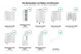 Set-Bestandteile L-Küche Velmora KU-S11: 11 Schränke + 3 Sockelleisten mit Maßen – Farbe Weiß