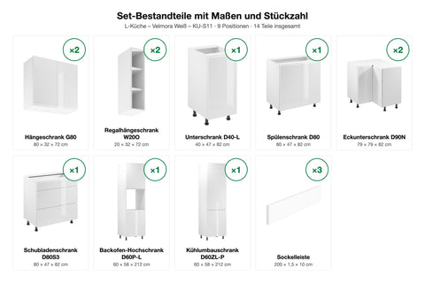 Set-Bestandteile L-Küche Velmora KU-S11: 11 Schränke + 3 Sockelleisten mit Maßen – Farbe Weiß