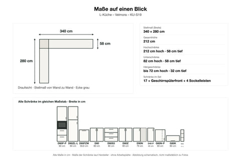 Maße L-Küche Velmora KU-S19: Stellmaß 340 × 280 cm