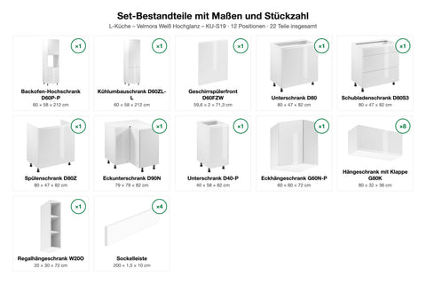 Set-Bestandteile L-Küche Velmora KU-S19: 17 Schränke + Geschirrspülerfront + 4 Sockelleisten mit Maßen – Farbe Weiß Hochglanz