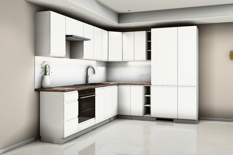 L-Küche Velmora Weiß Hochglanz – 270 × 240 cm – mit Kühl- und Vorratshochschrank – K94-G270 – Raumansicht frontal