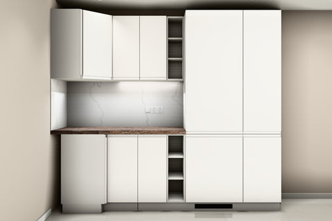 L-Küche Velmora Weiß Hochglanz – 270 × 240 cm – mit Kühl- und Vorratshochschrank – K94-G270 – Wand A frontal