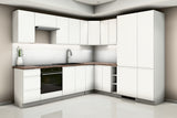 L-Küche Velmora Weiß Hochglanz – 270 × 240 cm – mit Kühl- und Vorratshochschrank – K94-G270 – Raumansicht über Eck von rechts