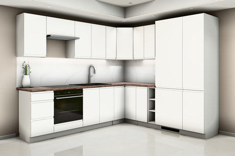 L-Küche Velmora Weiß Hochglanz – 270 × 240 cm – mit Kühl- und Vorratshochschrank – K94-G270 – Raumansicht über Eck von rechts