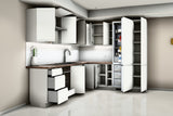 L-Küche Velmora Weiß Hochglanz – 270 × 240 cm – mit Kühl- und Vorratshochschrank – K94-G270 – Türen, Klappen und Auszüge geöffnet