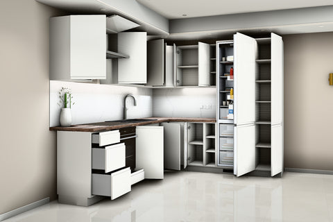 L-Küche Velmora Weiß Hochglanz – 270 × 240 cm – mit Kühl- und Vorratshochschrank – K94-G270 – Türen, Klappen und Auszüge geöffnet