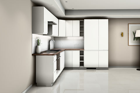 L-Küche Velmora Weiß Hochglanz – 270 × 240 cm – mit Kühl- und Vorratshochschrank – K94-G270 – Raumansicht über Eck von links