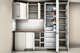 L-Küche Velmora Weiß Hochglanz – 270 × 240 cm – mit Kühl- und Vorratshochschrank – K94-G270 – Wand A geöffnet, frontal