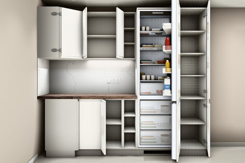 L-Küche Velmora Weiß Hochglanz – 270 × 240 cm – mit Kühl- und Vorratshochschrank – K94-G270 – Wand A geöffnet, frontal