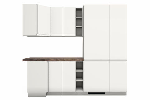 L-Küche Velmora Weiß Hochglanz – 270 × 240 cm – mit Kühl- und Vorratshochschrank – K94-G270 – Wand A freigestellt auf Weiß
