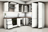 L-Küche Velmora Weiß Hochglanz – 270 × 240 cm – mit Kühl- und Vorratshochschrank – K94-G270 – geöffnet, über Eck von rechts