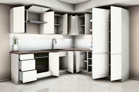 L-Küche Velmora Weiß Hochglanz – 270 × 240 cm – mit Kühl- und Vorratshochschrank – K94-G270 – geöffnet, über Eck von rechts