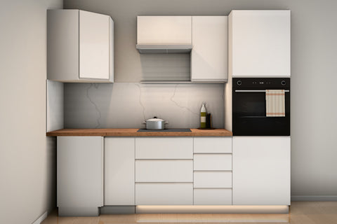 L-Küche Velmora Weiß Hochglanz – 270 × 250 cm – K67-G250 – Wand A frontal