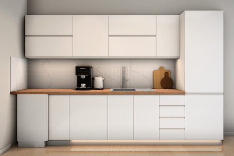 L-Küche Velmora Weiß Hochglanz – 330 × 210 cm – K54-G330 R – Wand A frontal
